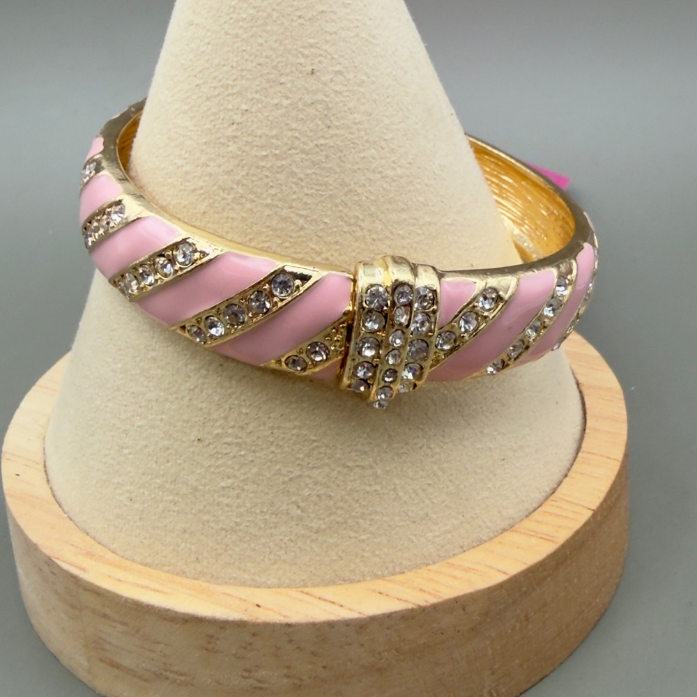 Pink Rhinestone Bangle Bracelet Enamel Gold Tone Hinged Cuff Holiday Lane